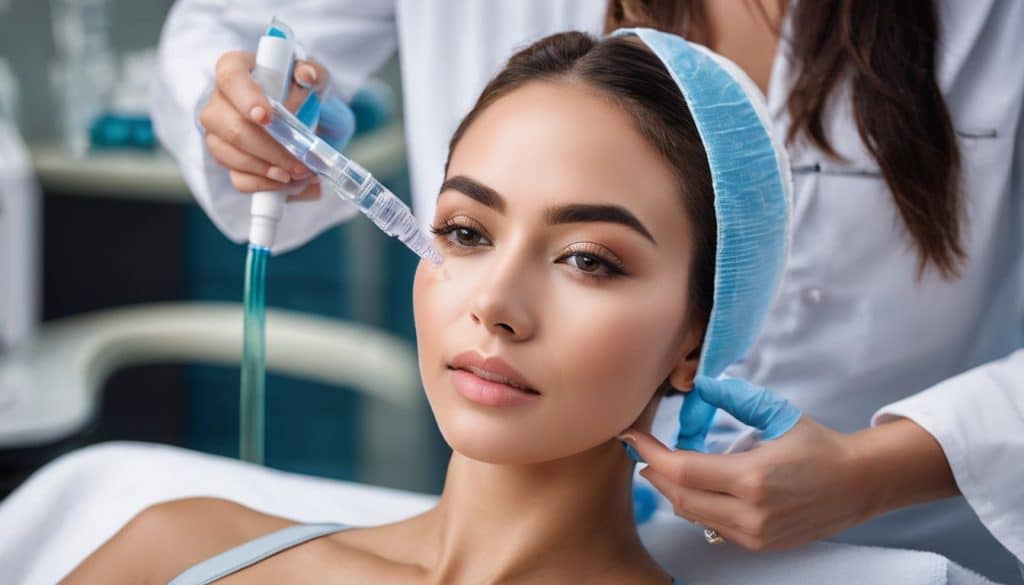 A woman undergoing Aquashine treatment in a modern dermatology clinic.