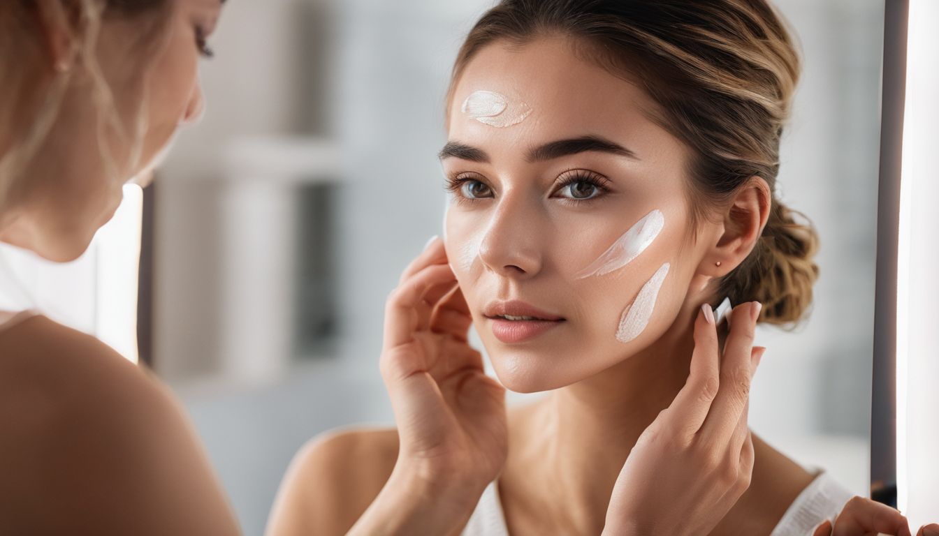 A woman applying Sesderma face cream in front of a skincare consultation mirror.