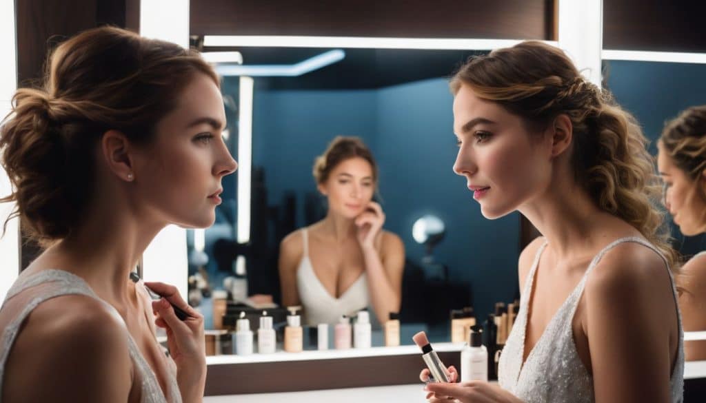 A woman examining her skin surrounded by skincare products in a mirror.