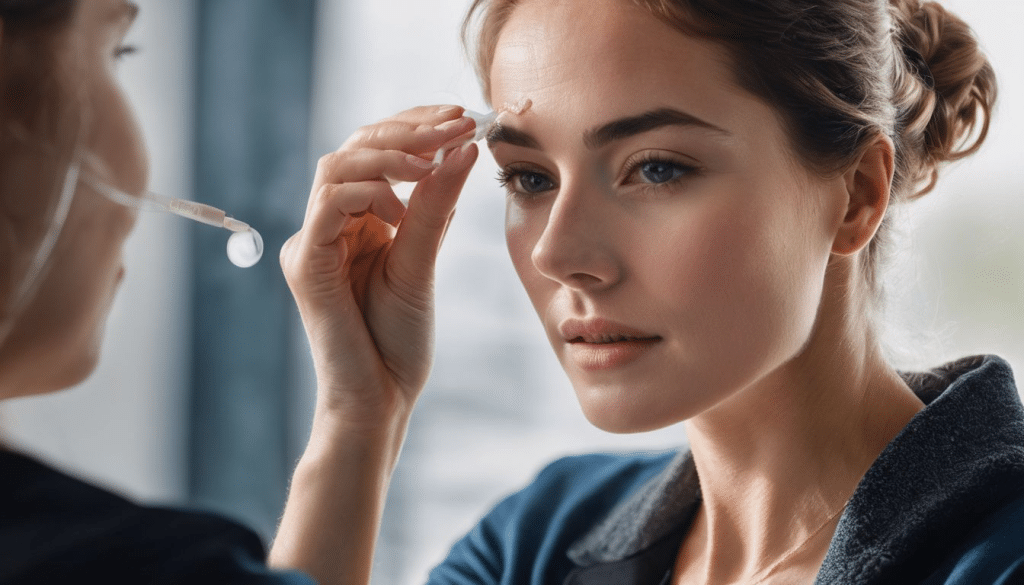 A woman applying Calecim Cream to her face in a clinical setting