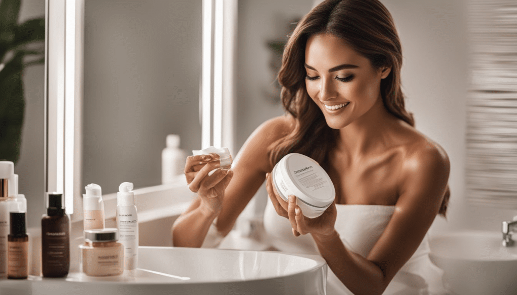 A woman applying sesederma in a modern bathroom