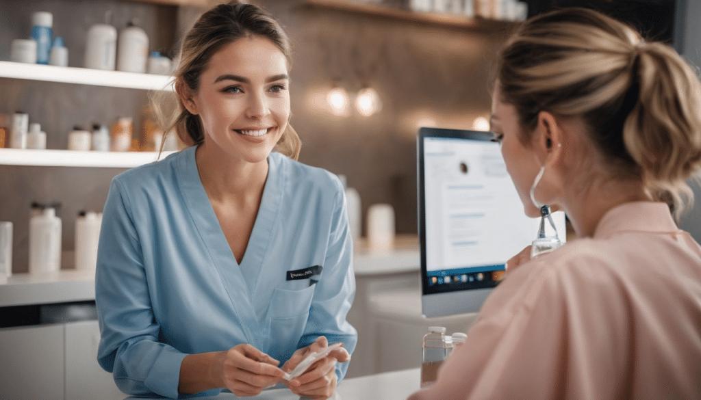 A person with clear, healthy skin using Sesderma products in a skincare clinic.